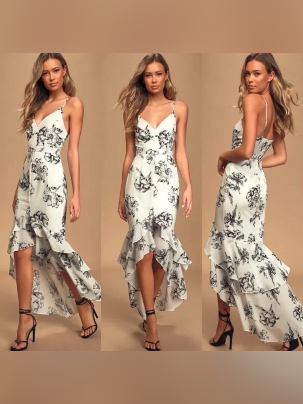 White & Black Floral High Low Ruffle Maxi Dress Sz Medium NWT!